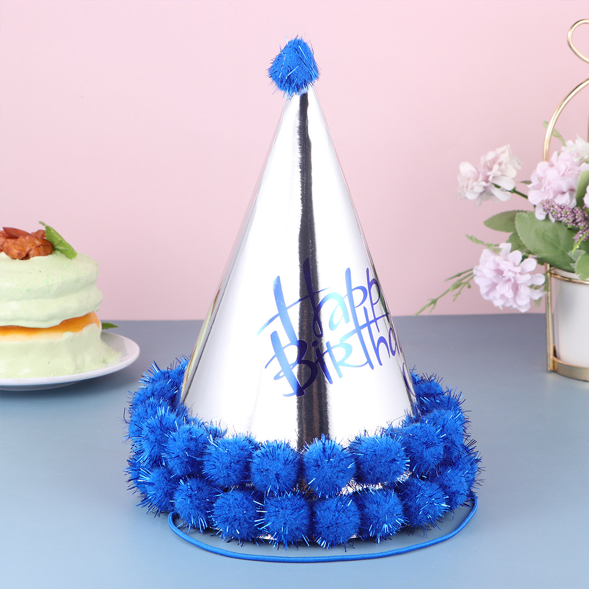Party Hat Cone - 5pcs Dark Blue Shiny Paper Pompon